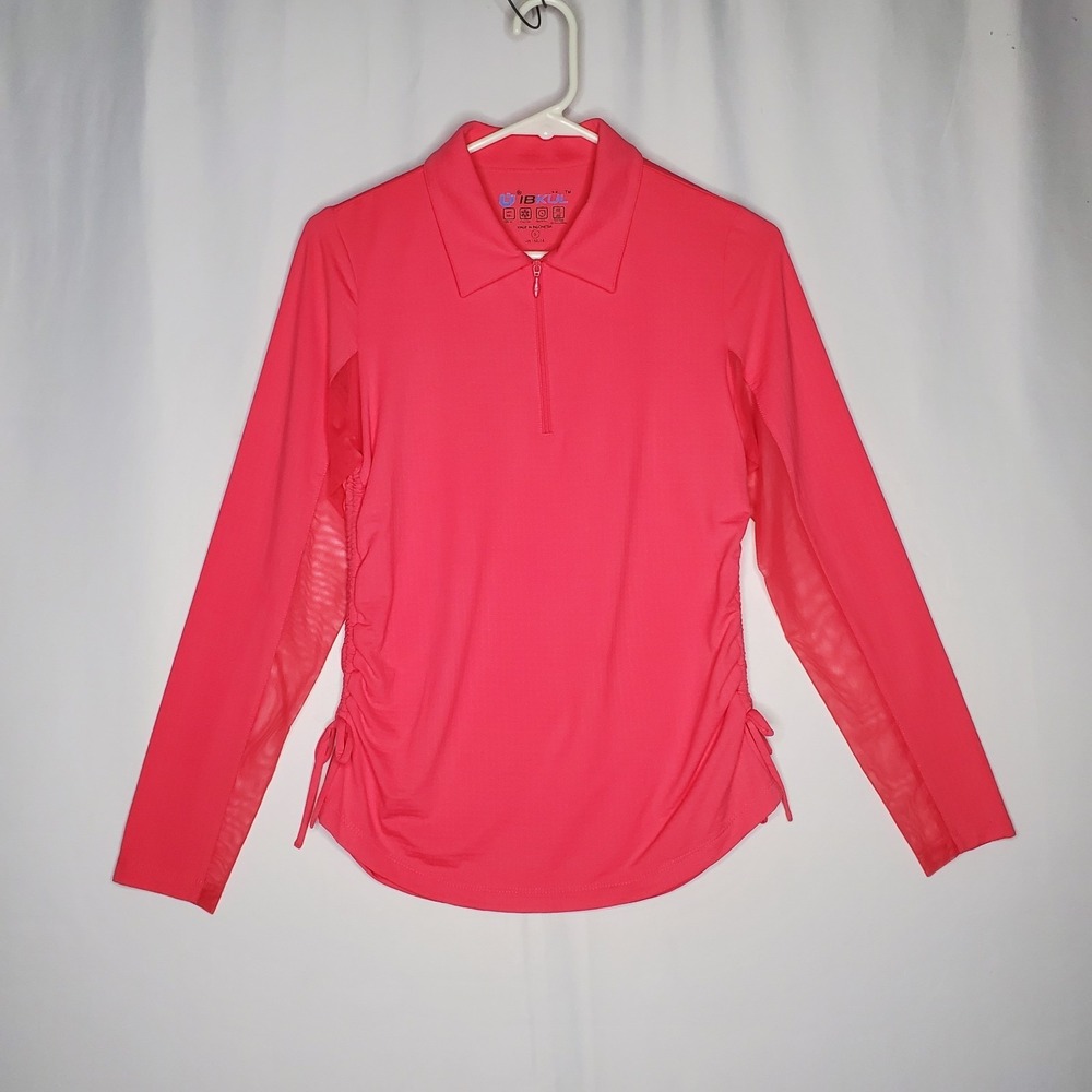 Ibkul Long Sleeve Top Womens Small Pink Sheer Mesh Tie Ruched Collar UPF50